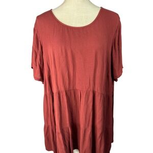 Tiered Tunic Dress, Casual Short Sleeve, Flowy Babydoll Style, Red-Brown